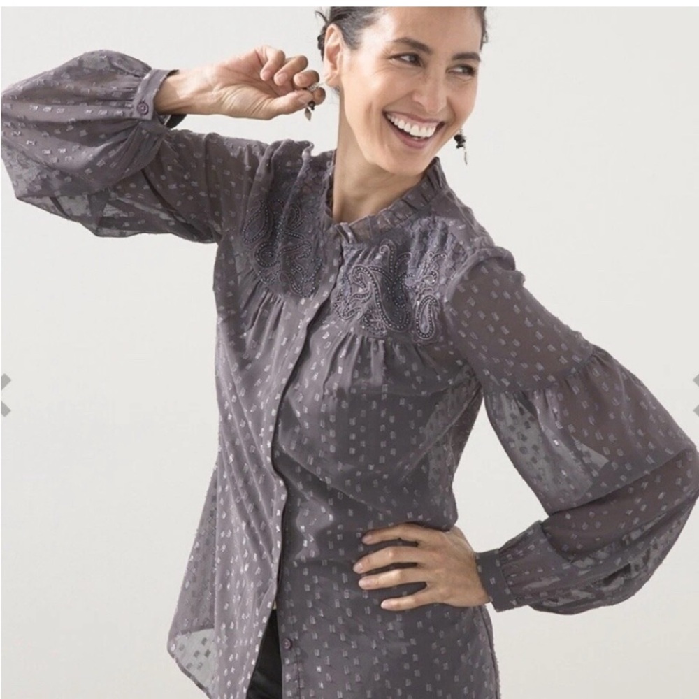 Chico’s shirt blouse embroidered sheer metallic thread US 8/10 gray